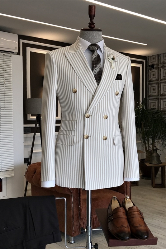 Light Gray Striped Peaked Lapel Double Breasted Slim Suits For Business-BMbridal