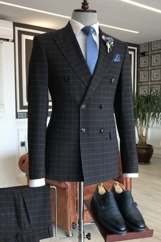 Slim Fit Black Peaked Lapel Double Breasted Business Suits With Blue Plaid-BMbridal