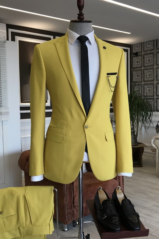 Yellow Peaked Lapel Two Pieces Stylish Prom Suits-BMbridal
