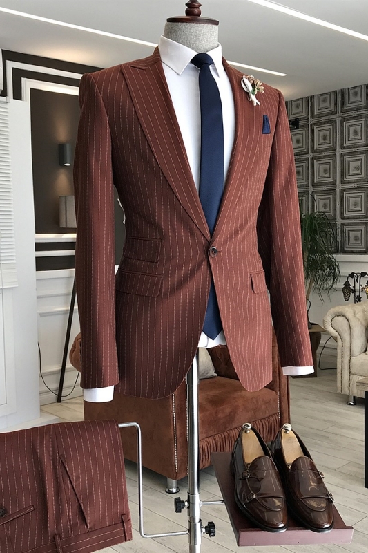 Chic Rufous Peaked Lapel Two Pieces Bespoke Striped Business Suits-BMbridal