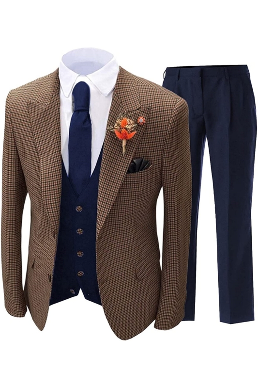 Formal Brown Plaid Peaked Lapel Three Pieces Business Suits-BMbridal