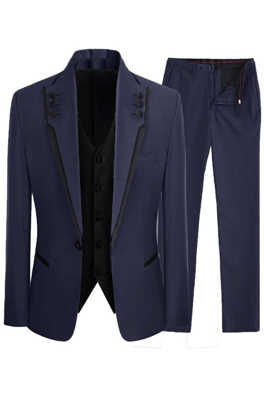 Navy Blue Shawl Lapel Three Pieces Close Fitting Prom Suits-BMbridal