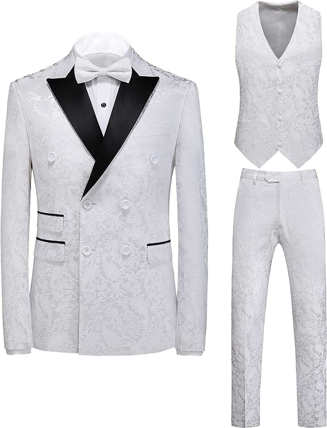 Simple White Jacquard Double Breasted Three Pieces Prom Suits-BMbridal