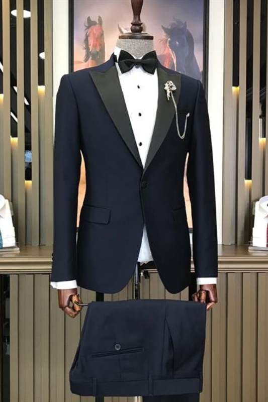 Bespoke Navy Blue Peaked Lapel Two Pieces Prom Suits-BMbridal