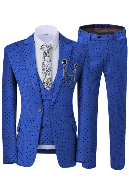 Newest Royal Blue Notched Lapel Three Pieces Prom Suits With Black Dot-BMbridal