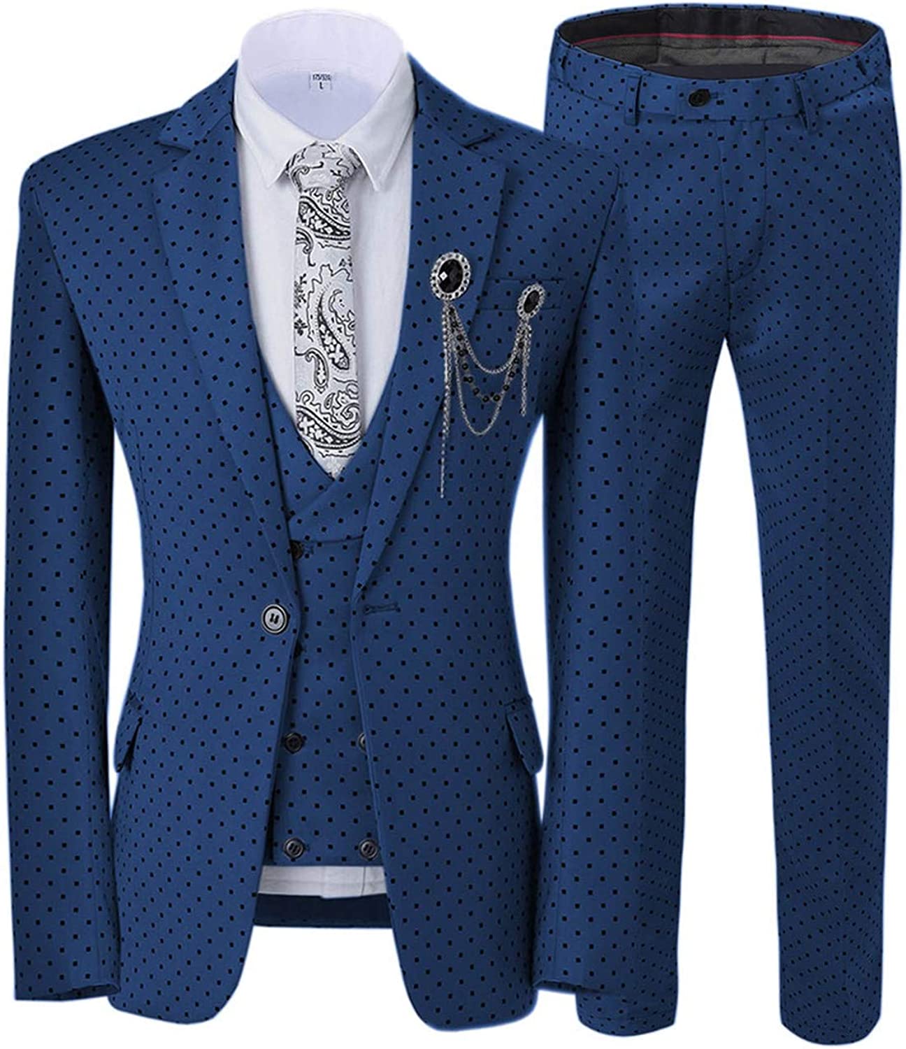 Fashion Navy Blue Notched Lapel Three Pieces Prom Suits With Black Dot-BMbridal