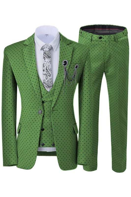 Green Notched Lapel Three Pieces Close Fitting Prom Suits With Black Dot-BMbridal