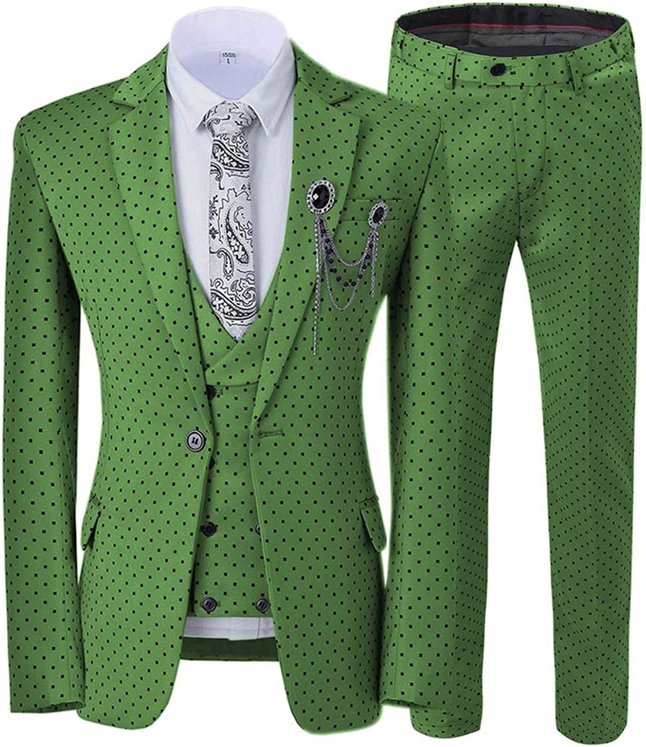 Green Notched Lapel Three Pieces Close Fitting Prom Suits With Black Dot-BMbridal