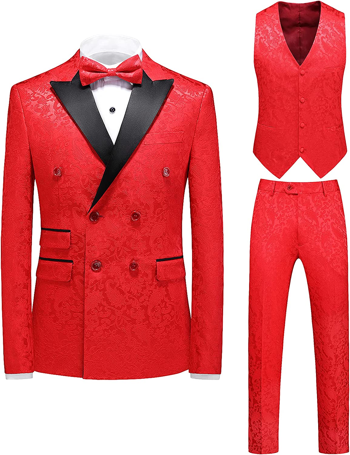 Glamorous Double Breasted Red Three Pieces Jacquard Prom Suits-BMbridal