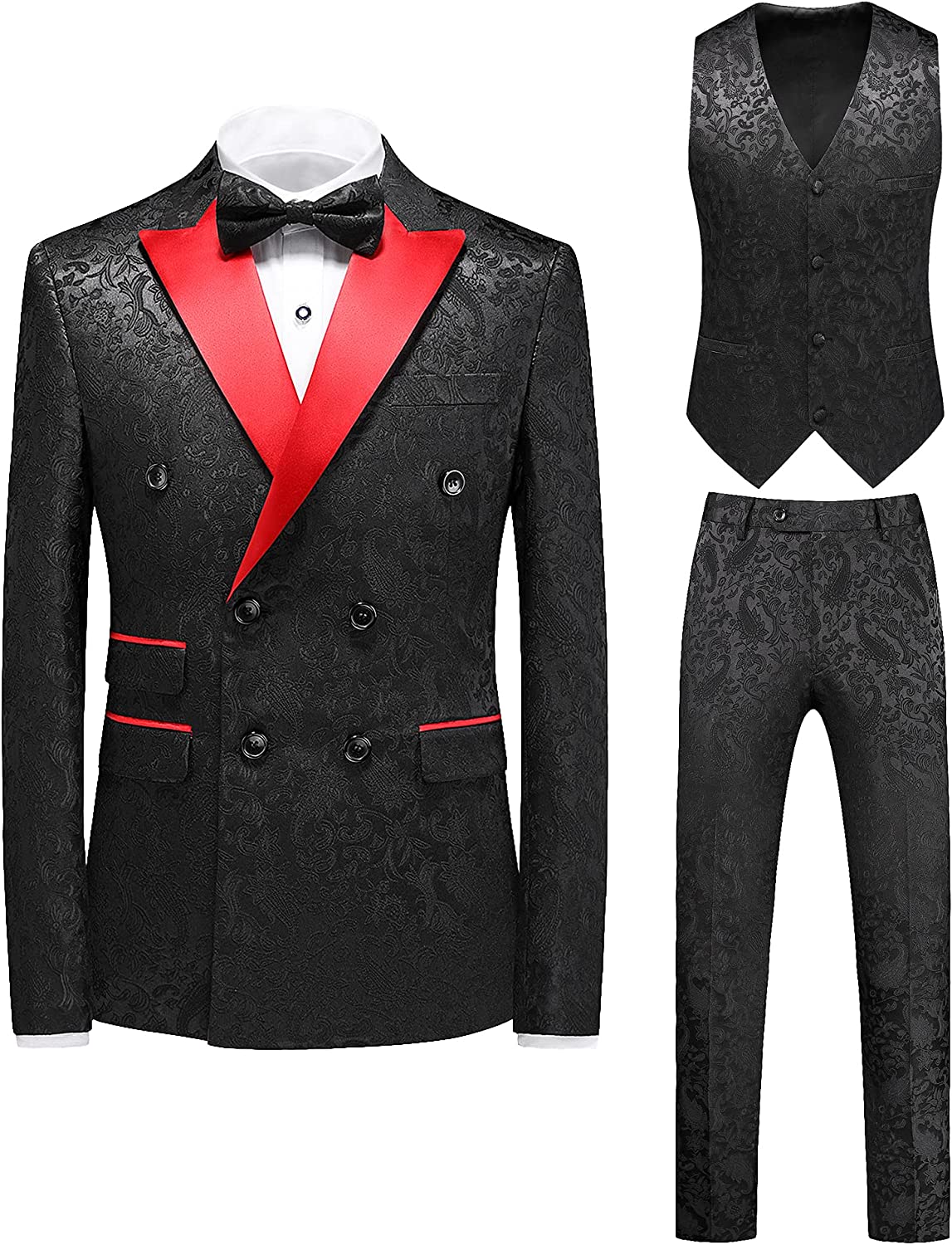 Formal Black Jacquard Double Breasted Three Pieces Prom Suits-BMbridal