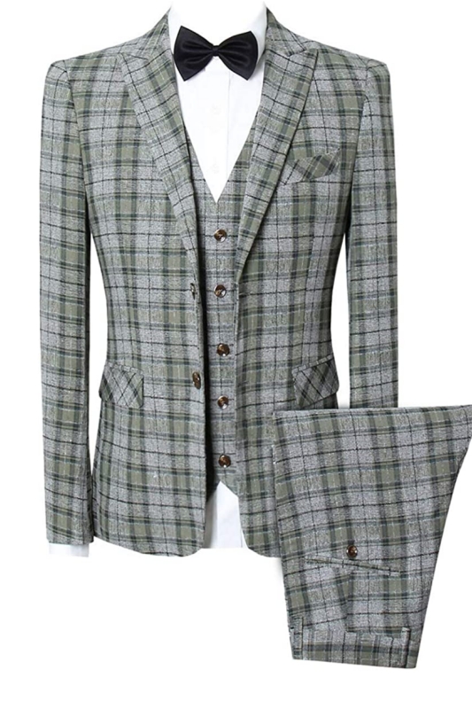 Green Plaid Peaked Lapel Three Pieces Bespoke Business Suits-BMbridal
