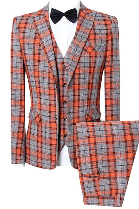 Orange Plaid Peaked Lapel Three Pieces Chic Business Suits-BMbridal