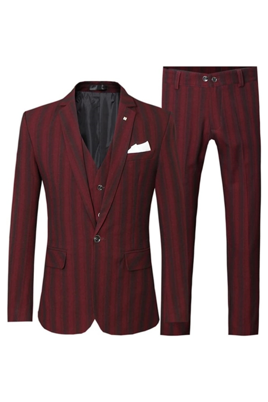 Fashion Deep Red Notched Lapel Three Pieces Striped Business Suits-BMbridal