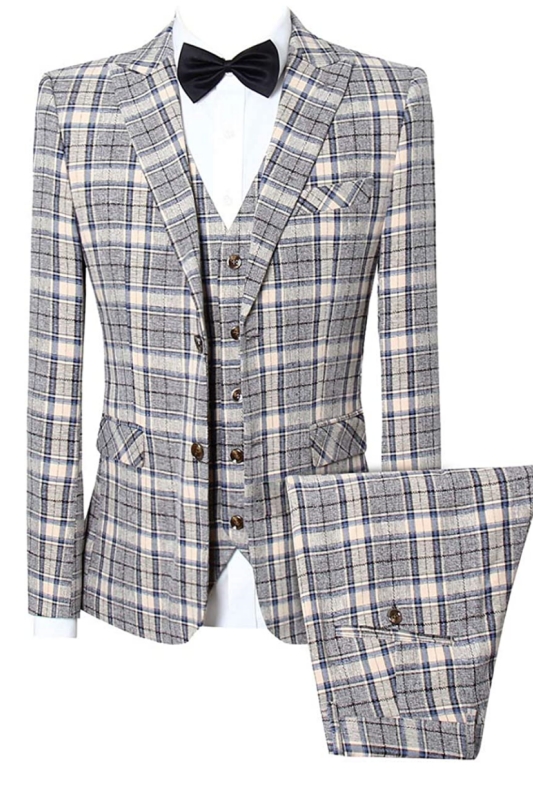 Yellow Plaid Peaked Lapel Three Pieces Slim Fit Business Suits-BMbridal