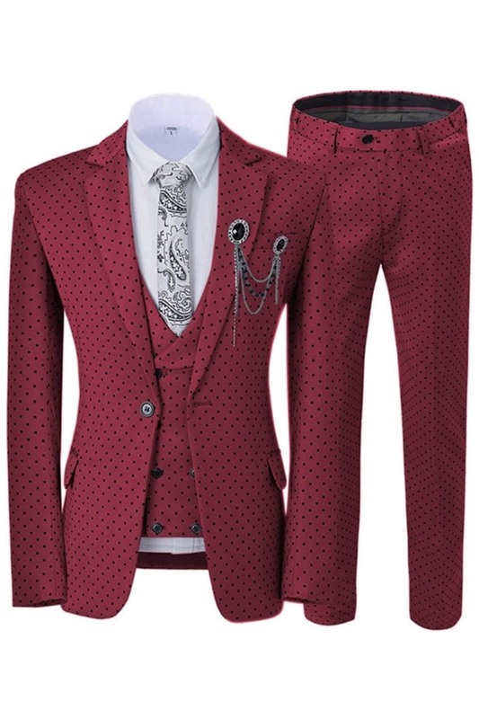 Chic Burgundy Notched Lapel Three Pieces Prom Suits With Black Dot-BMbridal