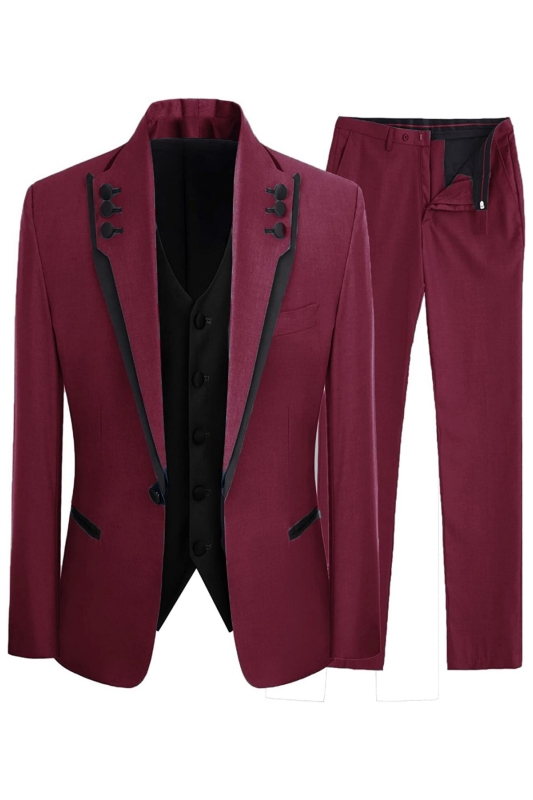 Burgundy Shawl Lapel Three Pieces New Arrival Prom Suits-BMbridal