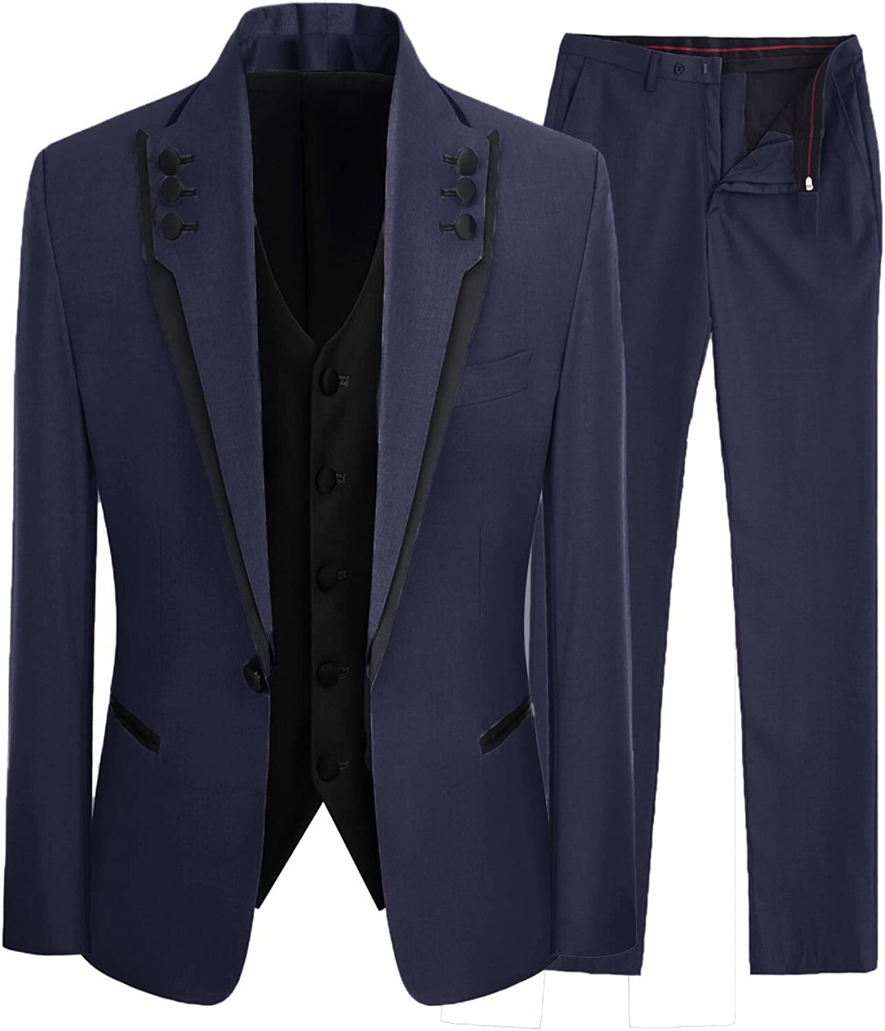 Navy Blue Shawl Lapel Three Pieces Close Fitting Prom Suits-BMbridal