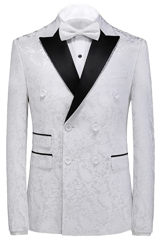 Simple White Jacquard Double Breasted Three Pieces Prom Suits-BMbridal