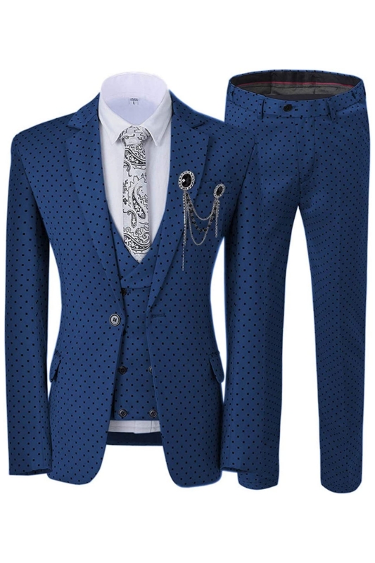 Fashion Navy Blue Notched Lapel Three Pieces Prom Suits With Black Dot-BMbridal