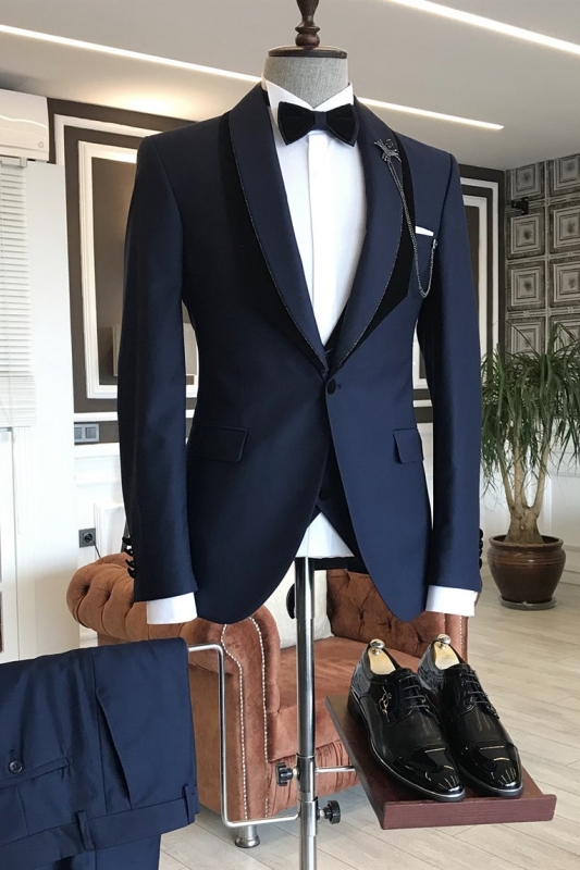 Navy Blue Shawl Lapel Three Pieces Bespoke Men Suits For Wedding-BMbridal