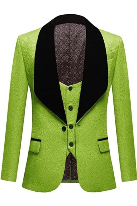 Stylish Green Three Pieces Jacquard Wedding Suits With Black Velvet Shawl Lapel-BMbridal