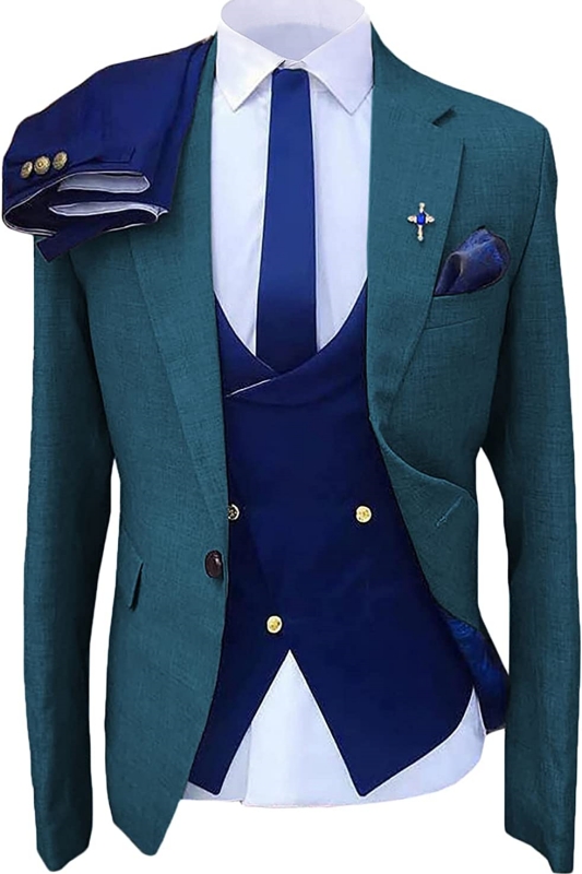 Teal Blue Notched Lapel Three Pieces Bespoke Prom Suits-BMbridal