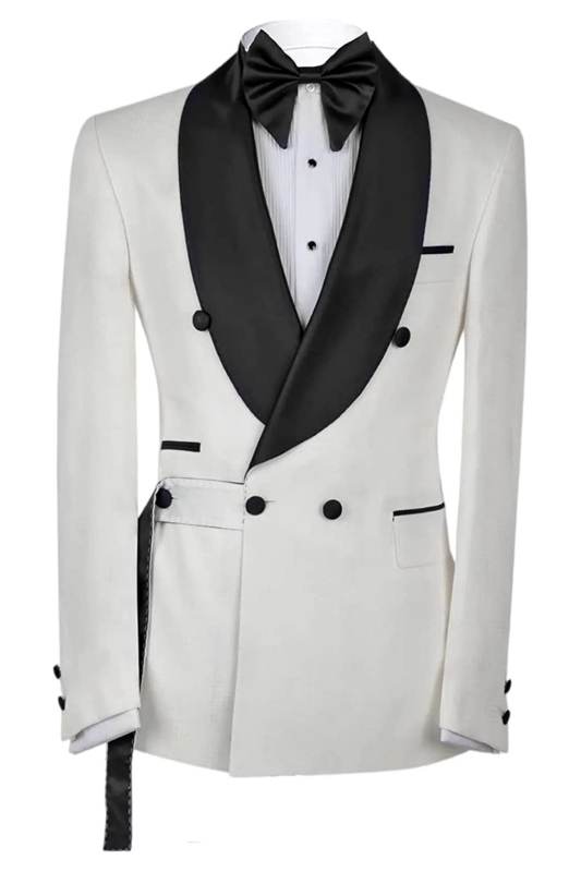 Chic White Double Breasted Wedding Suits With Black Shawl Lapel-BMbridal
