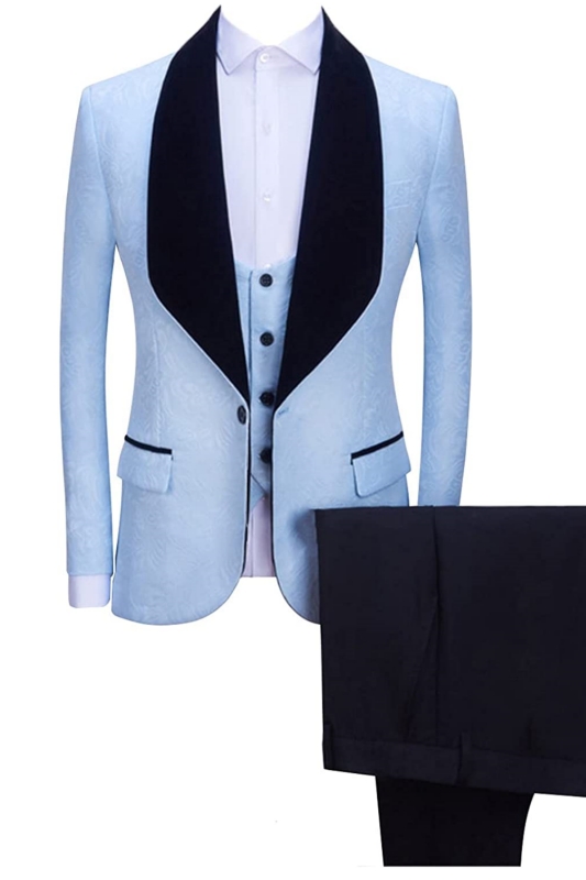 Glamorous Sky Blue Shawl Lapel Three Pieces Jacquard Wedding Suits-BMbridal
