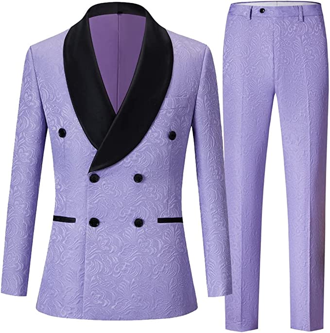 Fashion Purple Double Breasted Jacquard Wedding Suits With Black Velvet Shawl Lapel-BMbridal