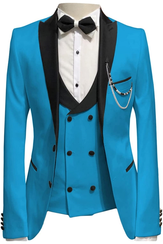 Chic Blue Peaked Lapel Three Pieces Prom Suits-BMbridal