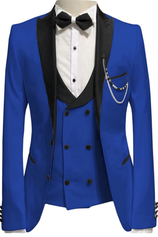 Royal Blue Peaked Lapel Three Pieces Close Fitting Prom Suits-BMbridal