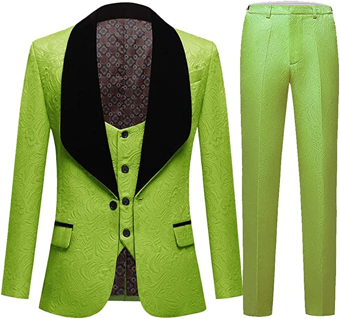 Stylish Green Three Pieces Jacquard Wedding Suits With Black Velvet Shawl Lapel-BMbridal