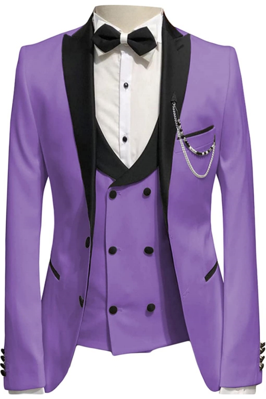 Purple Peaked Lapel Three Pieces Slim Fit Prom Suits-BMbridal