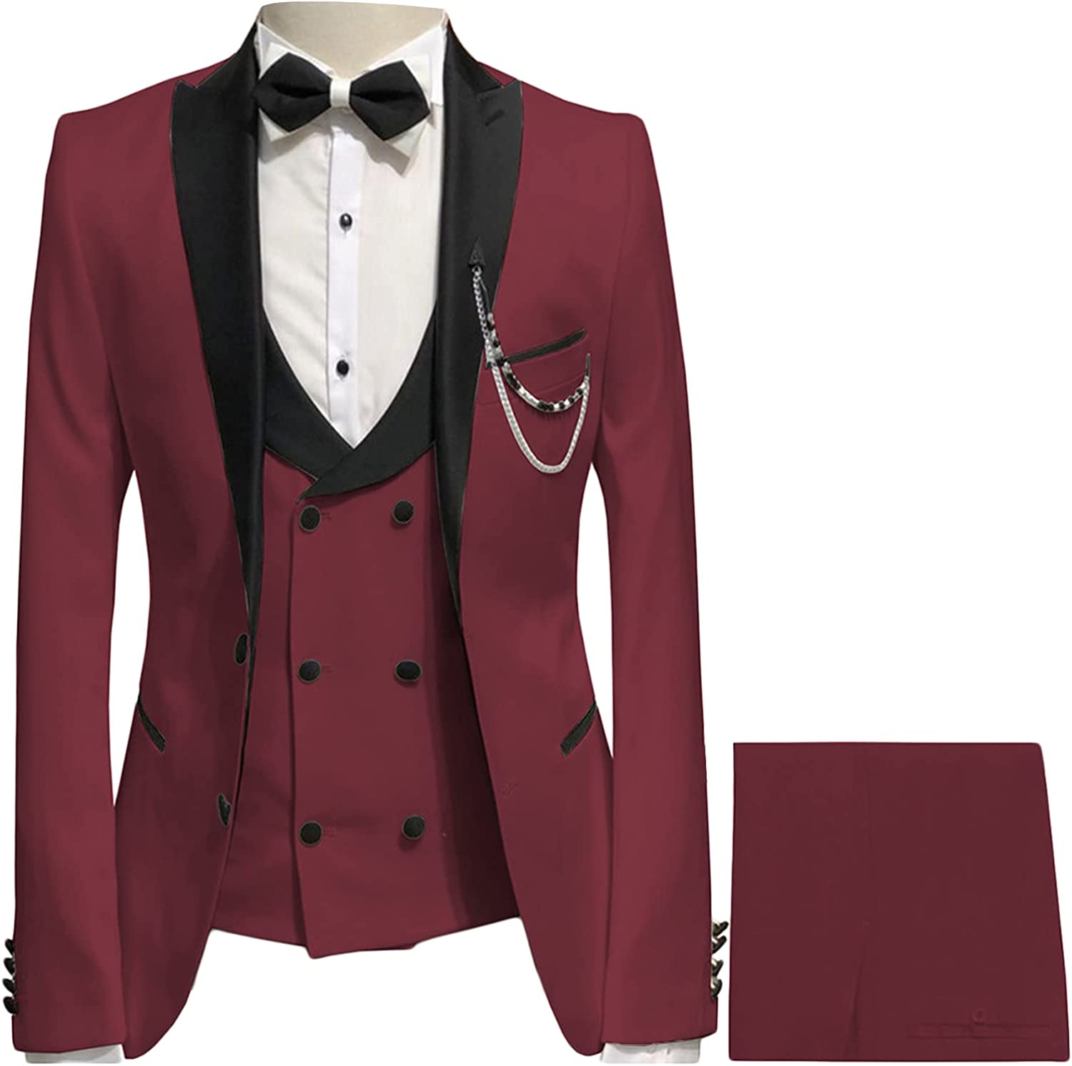 Classic Burgundy Peaked Lapel Three Pieces Prom Suits-BMbridal