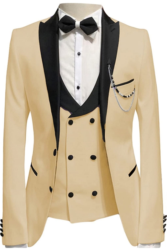 Champagne Peaked Lapel Three Pieces Close Fitting Prom Suits-BMbridal