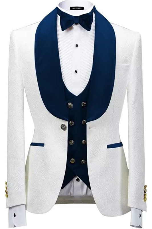 Fancy Navy Blue Shawl Lapel Three Pieces Jacquard Wedding Suits-BMbridal