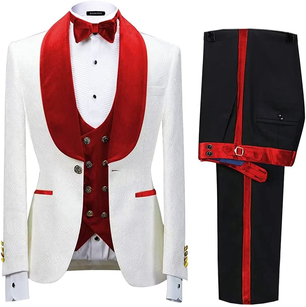 Newest Red Shawl Lapel Three Pieces Jacquard Wedding Suits-BMbridal