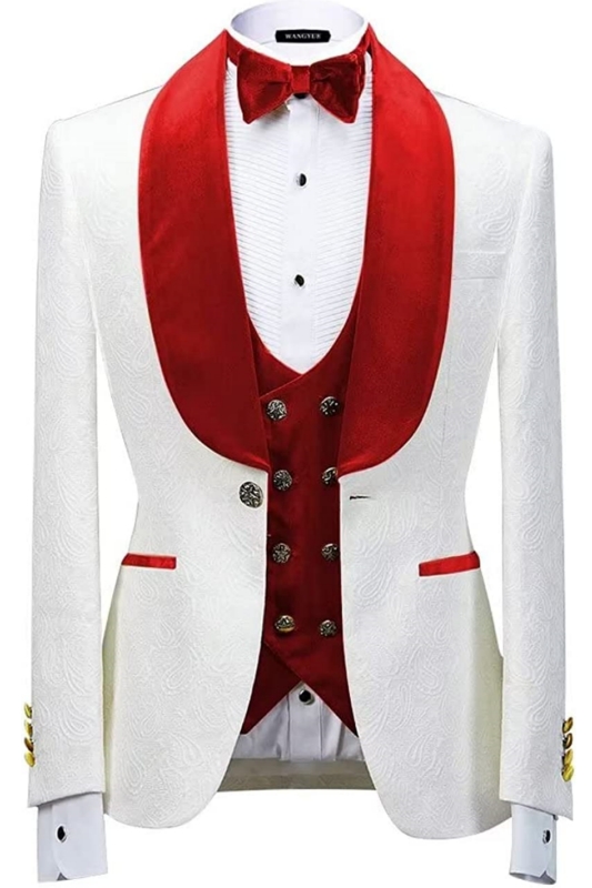 Newest Red Shawl Lapel Three Pieces Jacquard Wedding Suits-BMbridal