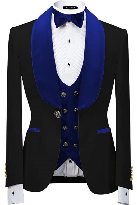 Modern Royal Blue Shawl Lapel Three Pieces Velvet Wedding Suits-BMbridal