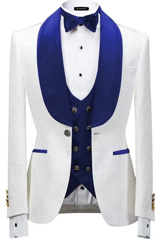 Royal Blue Shawl Lapel Three Pieces New Arrival Jacquard Wedding Suits-BMbridal