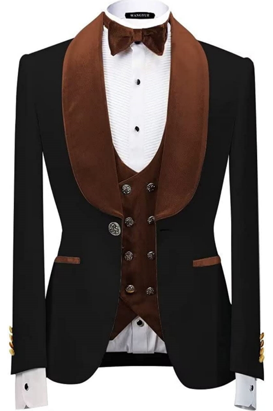 Newest Brown Shawl Lapel Three Pieces Velvet Wedding Suits-BMbridal