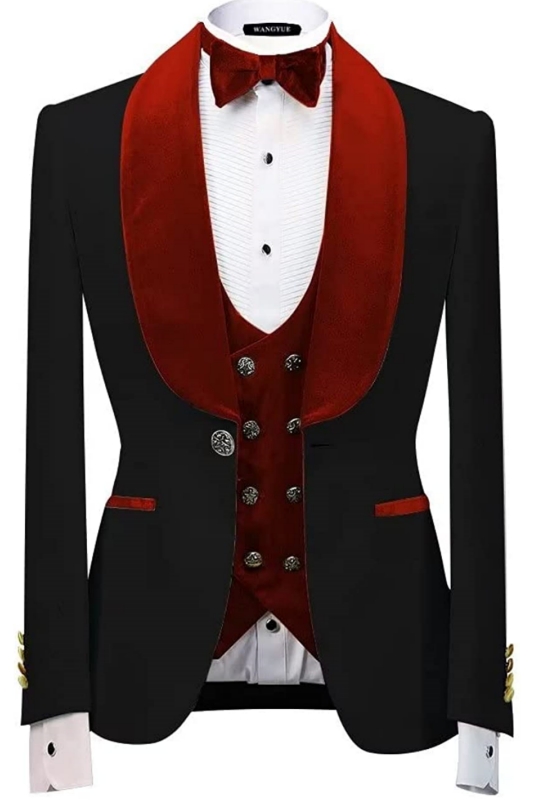 Red Shawl Lapel Three Pieces Slim Fit Velvet Wedding Suits-BMbridal