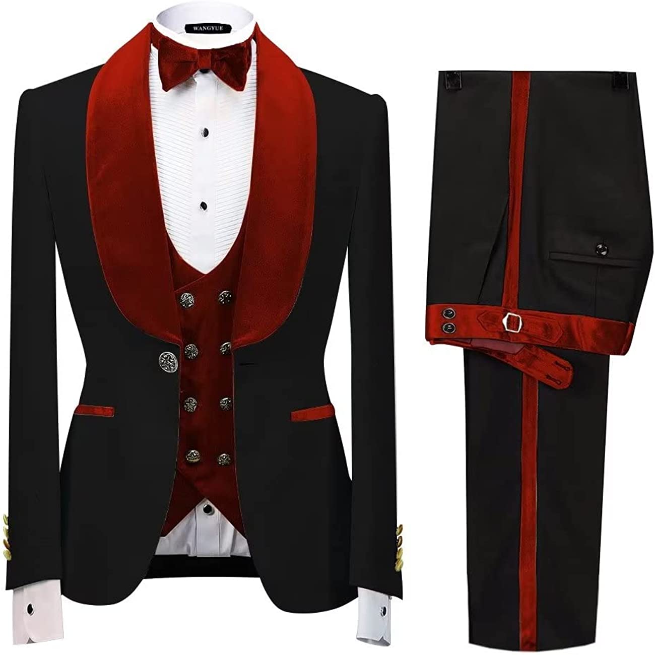 Red Shawl Lapel Three Pieces Slim Fit Velvet Wedding Suits-BMbridal