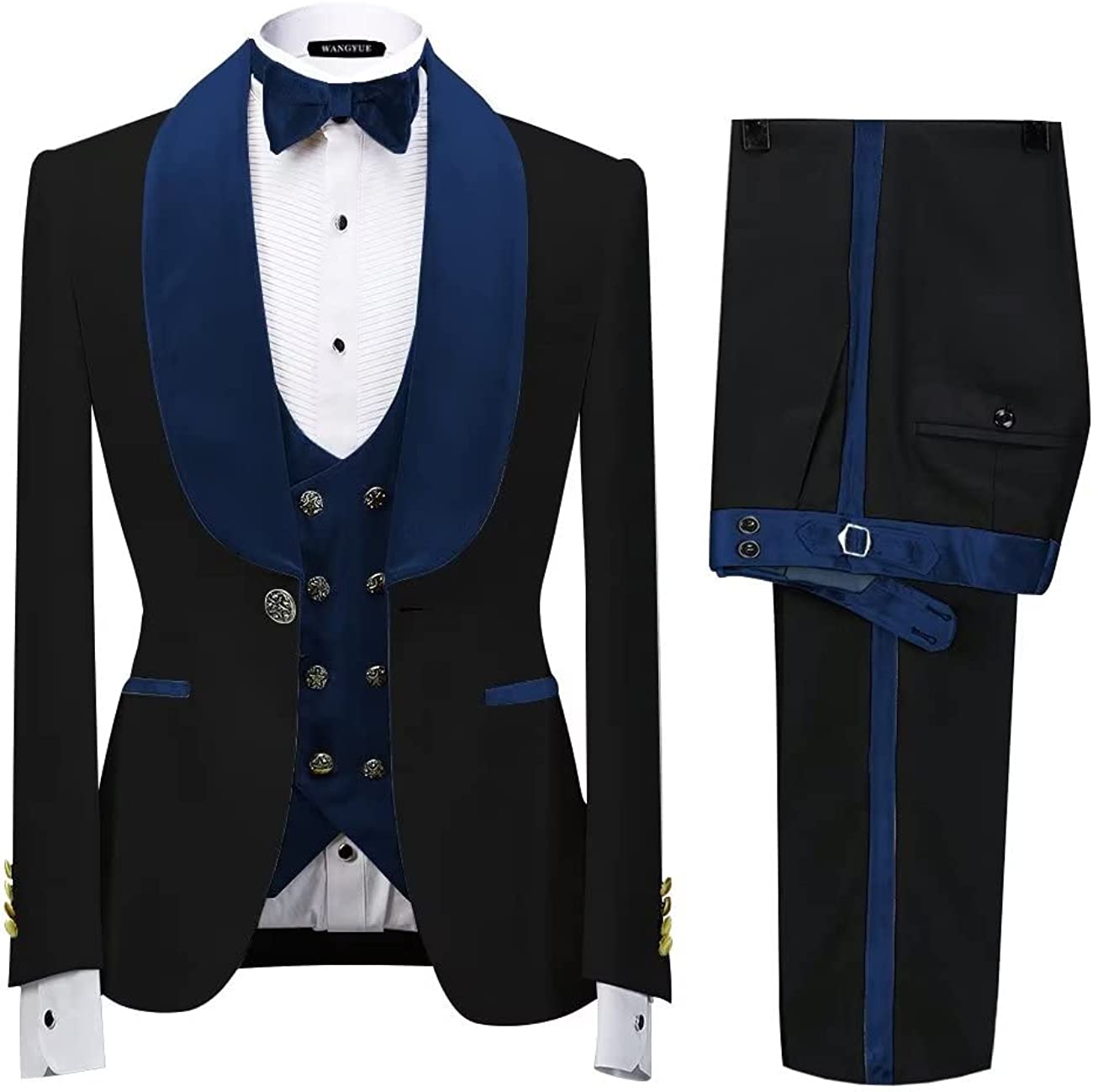 Formal Navy Blue Shawl Lapel Three Pieces Velvet Wedding Suits-BMbridal