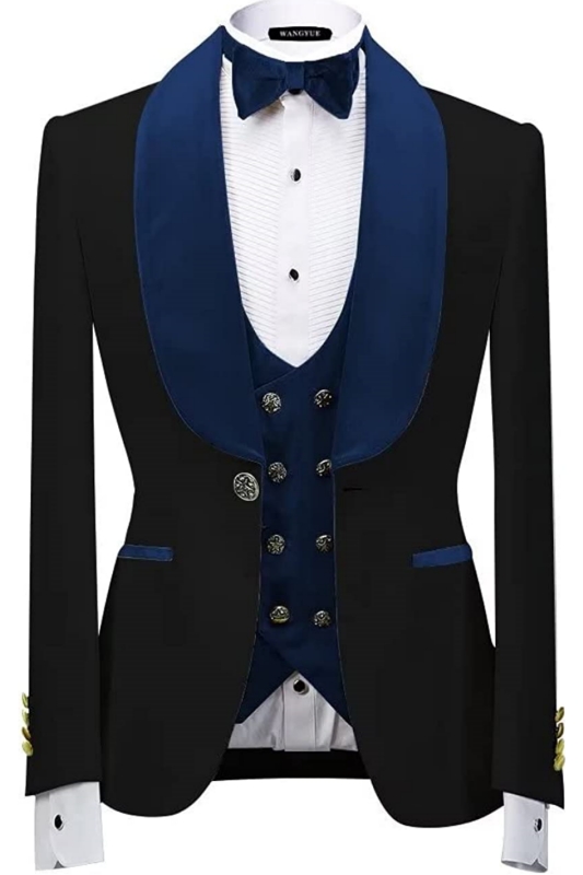 Formal Navy Blue Shawl Lapel Three Pieces Velvet Wedding Suits-BMbridal