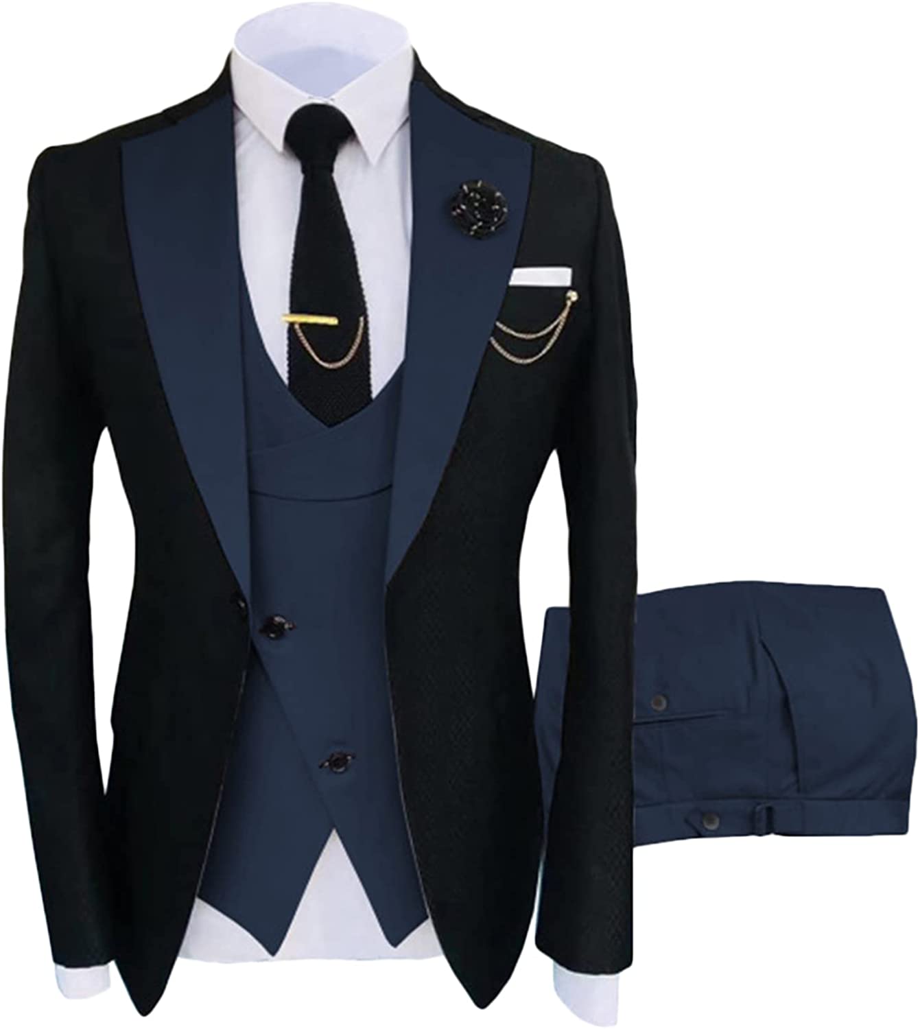 Navy Blue Shawl Lapel Three Pieces Formal Prom Suits-BMbridal