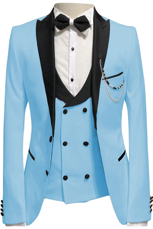 Sky Blue Peaked Lapel Three Pieces New Arrival Prom Suits-BMbridal