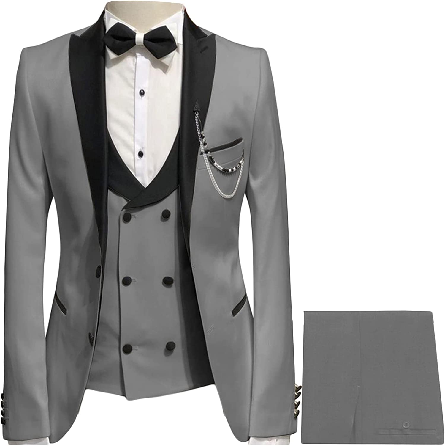 Glamorous Gray Peaked Lapel Three Pieces Prom Suits-BMbridal