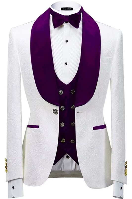 Glamorous Purple Shawl Lapel Three Pieces Jacquard Wedding Suits-BMbridal