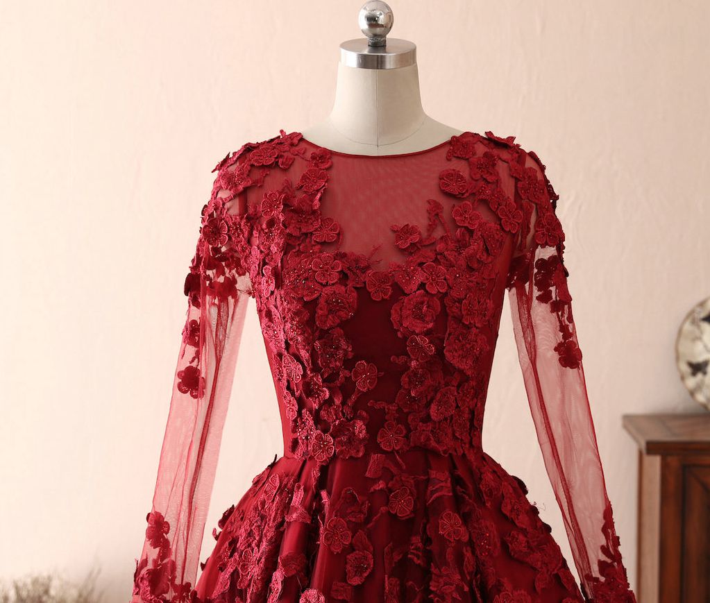 BMbridal Elegant Long Sleeve Burgundy Prom Dress Lace Evening Gowns